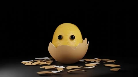 Chick cracks egg shell. Crazy 3D rendered animation. Stock Footage 213940148