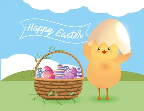 Chick with egg broken and easter eggs inside basket Illustrazione stock