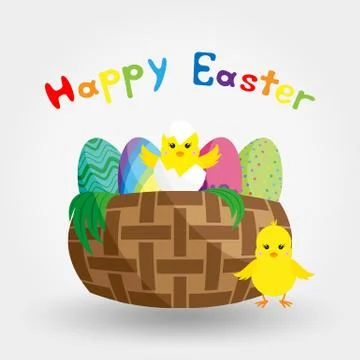 Chick in Eggshell in a basket with Easter eggs. Icon. Vector. Flat. Stock Illustration