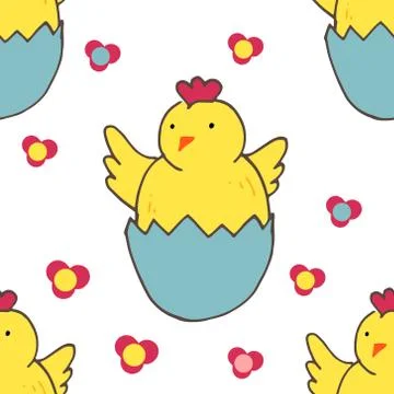 Chick in eggshell, seamless pattern, vector design Stock Illustration