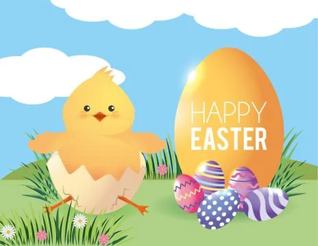 Chick inside egg broken with easter decoration Illustrazione stock