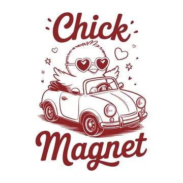 Chick Magnet Funny Cute Chick In Car Cartoon Animal Humor Quote Retro Vinta.. Stock Illustration
