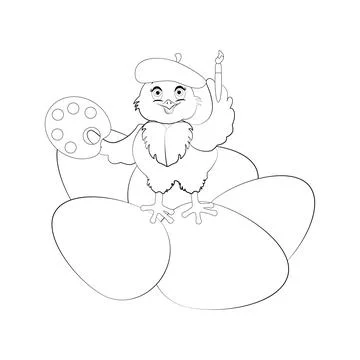 Chick painting easter eggs cute animal vector illustration outline Stock Illustration