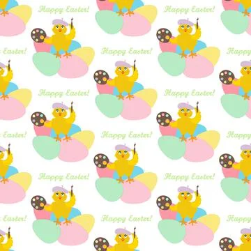 Chick painting easter eggs cute animal vector illustration seamless pattern イラスト素材
