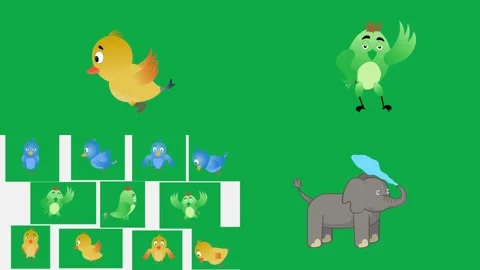 Chick Parrot Elephant Sequence animation on green screen minimal animated Stock Footage 334704415
