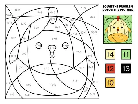 Chick. Solve the problem, color the picture. Addition, Subtraction Coloring book Stock Illustration
