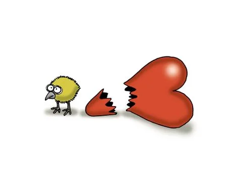 Chick standing next to broken heart Stock Illustration