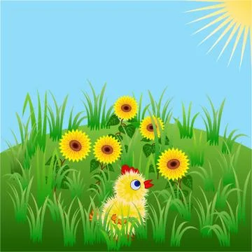 Chick in sunflowers Stock Illustration