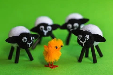 Chick surrounded by lambs Stock Photos