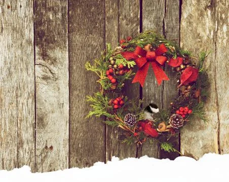 Chickadee in wreath. Stock Photos