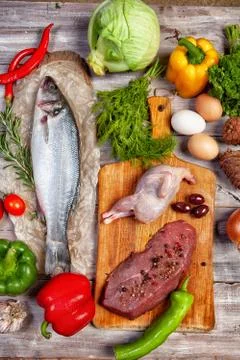 Chicke, Fish And Vegetables Stock Photos