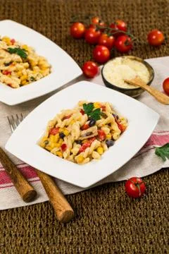 Chicken Alfredo Pasta with Black Beans, Corn and Red Peppers Stock Photos