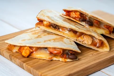 Chicken And Black Beans Quesadillas With Cheese And Salsa Stock Photos