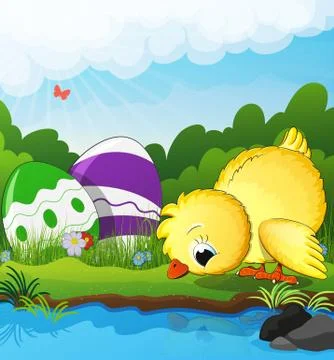 Chicken and Easter eggs near the creek 스톡 일러스트