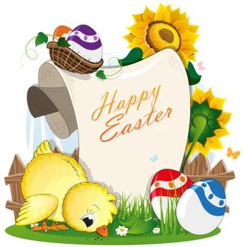 Chicken and Easter eggs with a paper scroll Illustrazione stock