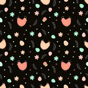 Chicken and eggs easter seamless pattern. Cute cartoon vector flat illustration Stock Illustration