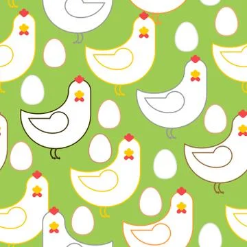 Chicken and eggs seamless pattern. Farm bird background ornament Stock Illustration