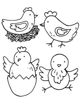 Chicken and small chick set, outline vector, easter illustration Illustrazione stock
