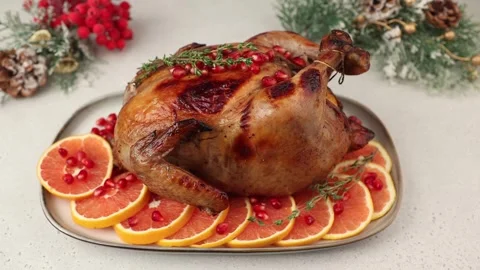 Chicken baked whole to appetizing crispy crust with pomegranate and red orange. Stock Footage 289551547
