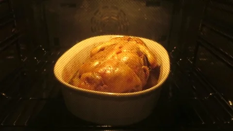 Chicken in baking dish in the oven Stock Footage 83774398
