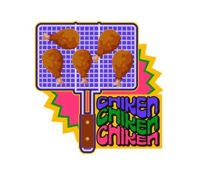Chicken barbeque, BBQ grill retro Y2K sticker Stock Illustration