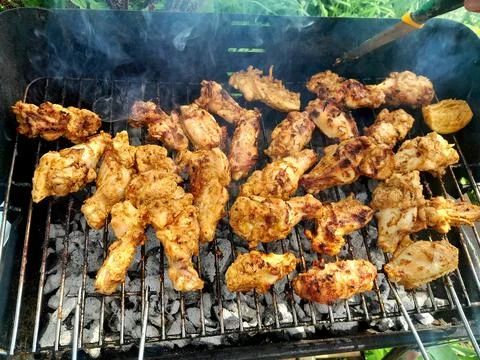 Chicken barbeque on heating for grilling Fotos de archivo