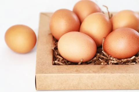 Chicken brown eggs on a white table 库存照片