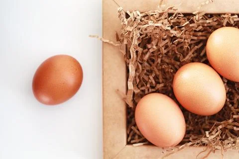 Chicken brown eggs on a white table 写真素材