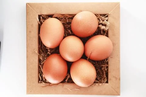 Chicken brown eggs on a white table 写真素材
