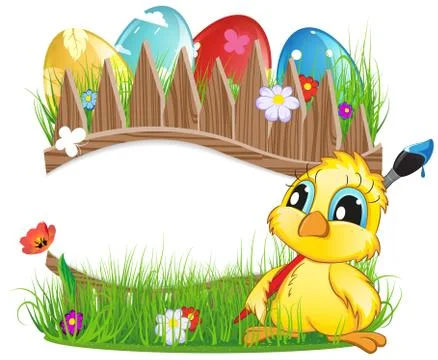 Chicken with brush and Easter eggs Stock Illustration