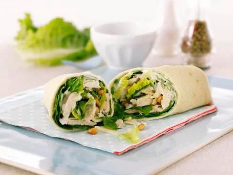 Chicken Caesar Salad Wrap; Halved Stock Photos