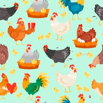 Chicken characters in different poses. Hen and rooster seamless pattern vector 스톡 일러스트