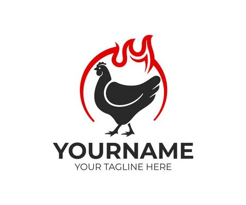 Chicken in circle and flame of fire, logo design Stock Illustration