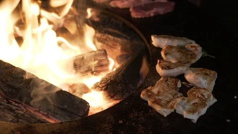 Chicken cooking on a fireplace Stock Footage 99534958