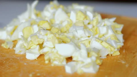 Chicken in cool boiled eggs, chopped Stock Footage 126162152