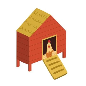 Chicken coop with a cute hen inside. Farm bird house isolated element Stock Illustration