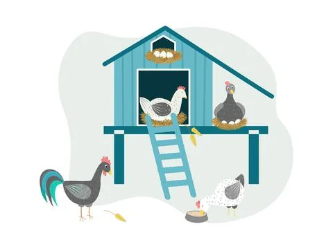 Chicken coop vector illustration. Characters of cute chickens that hatch eggs, a Stock Illustration