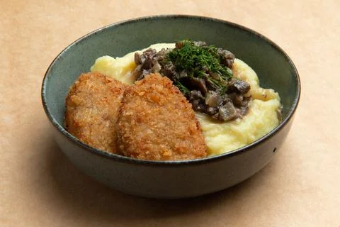 Chicken cutlets and mashed potatoes in a plate on a brown background. Stock Photos