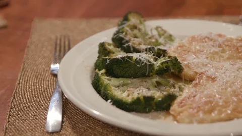 Chicken Dish with Broccoli Close Up Pan Left Stock Footage 81276833