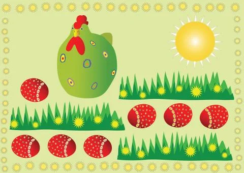 Chicken with Easter eggs Stock Illustration