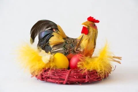 Chicken with easter eggs Stock Photos