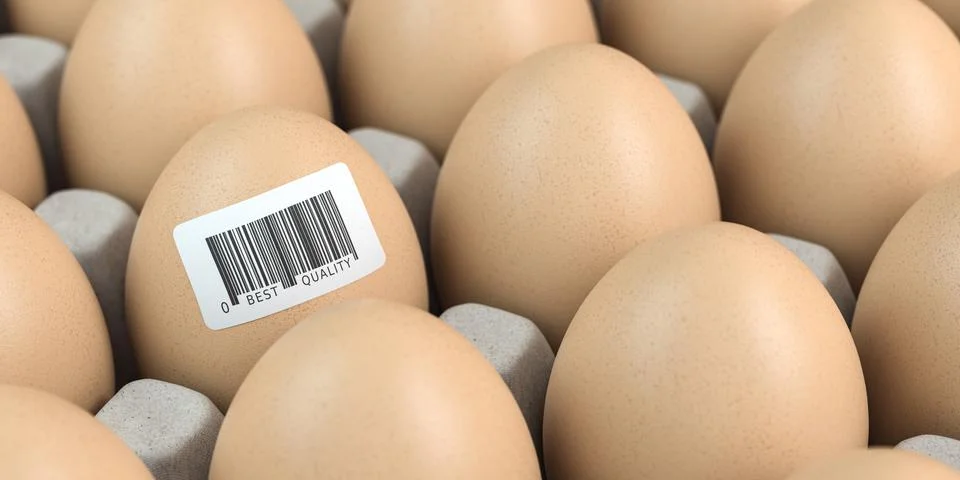 Chicken egg with barcode sticker. Quality control concept. イラスト素材