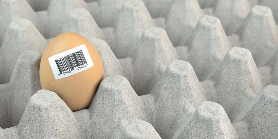 Chicken egg with barcode sticker. Quality control concept. Illustrazione stock
