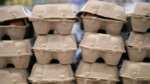 Chicken egg cartons standing in a row and on top of each other. Farm products Stock Footage 312732527