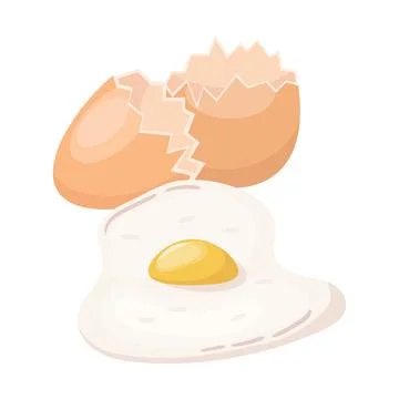 Chicken egg, fried or raw, broken eggshell in flat style. Stock Illustration