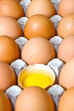 Chicken egg is half broken among other eggs Vertical frame. Stock Photos