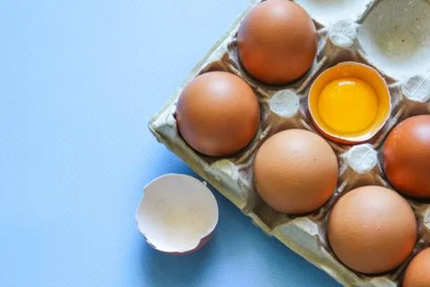 Chicken egg is half broken among other eggs. Top view. Flat lay. Stock Photos