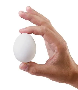Chicken egg in a man's hand close-up on a white background. Foto stock
