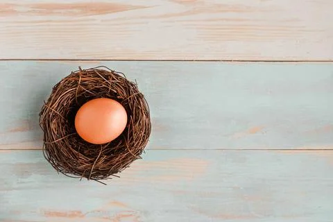 Chicken egg in the nest on wooden background. Top view. Copy space Stock Photos