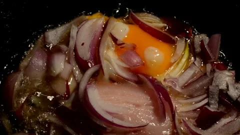 Chicken egg with red onion and ham Stock Footage 273191713